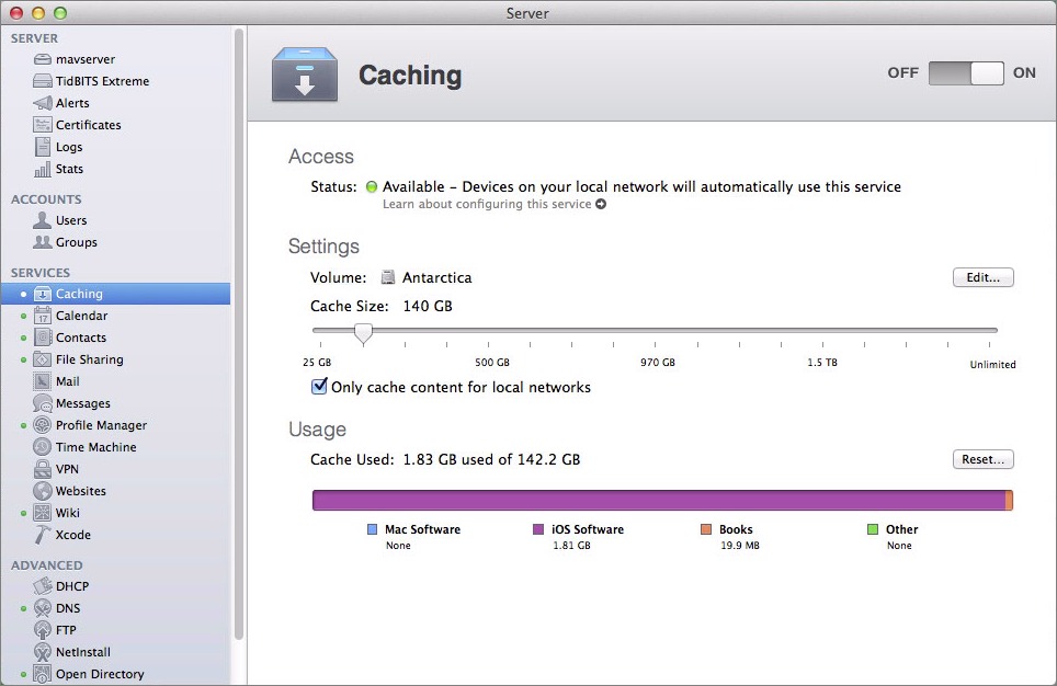 Figure 1: Configure the Caching service by choosing a destination and setting a cache size.
