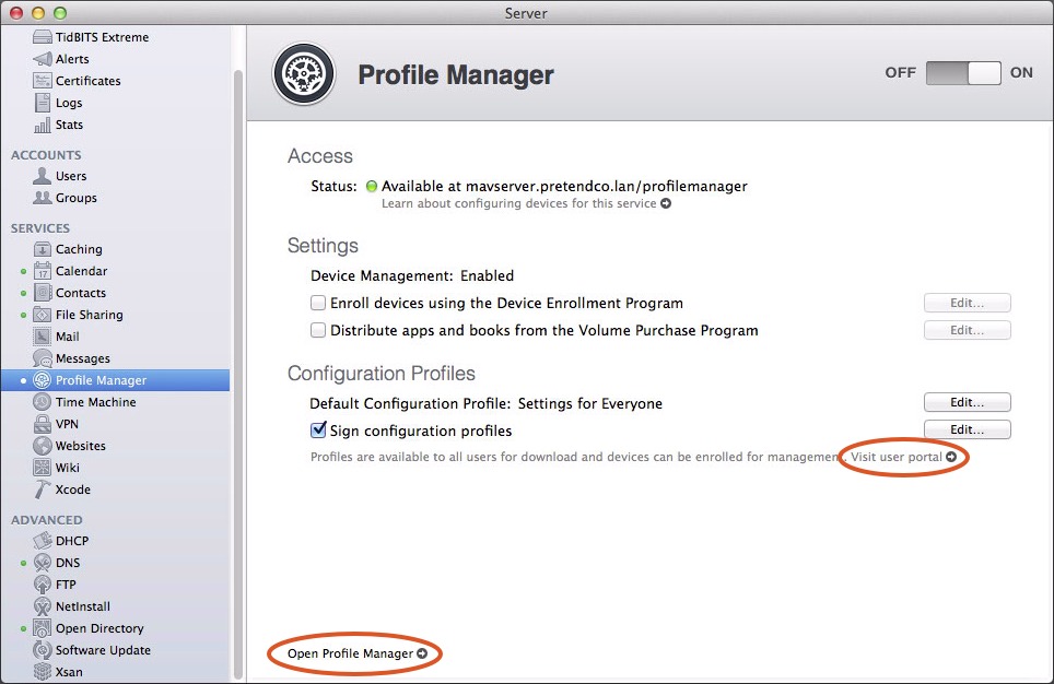 Figure 6: Once enabled, the Profile Manager screen shows a green light next to the Status label as well as links to the Profile Manager Web interface and the user portal.