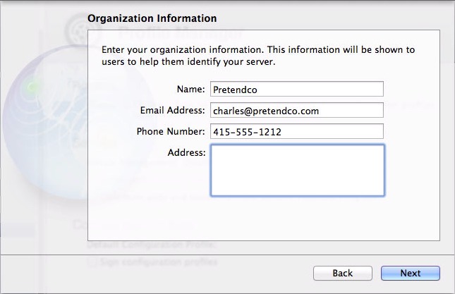 Figure 2: Enter your contact information in the Organization Information screen.