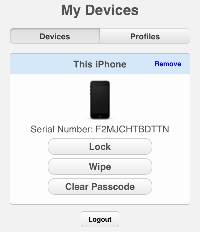 Figure 12: From the Profile Manager user portal, the user can always lock or wipe the device, or clear its passcode.