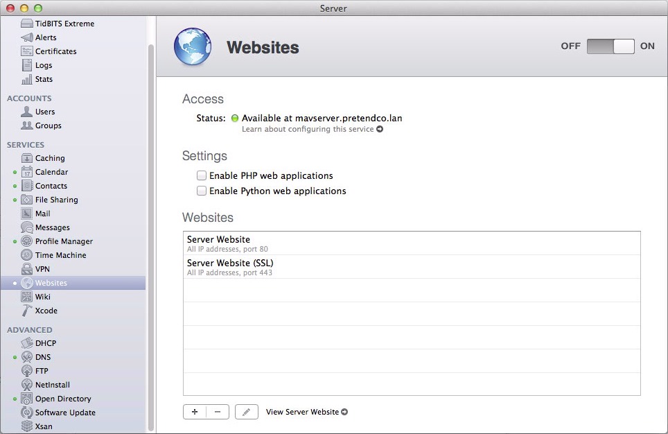 Figure 1: Enable OS X Server’s Web server by clicking the ON button in the Websites pane.