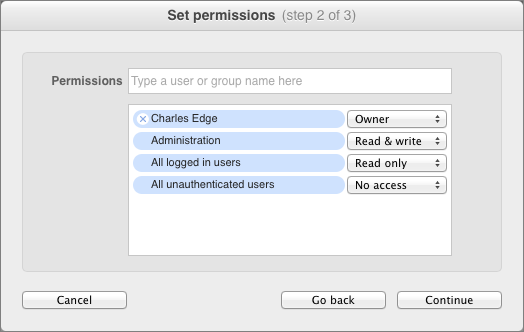 Figure 5: Add users and groups and set their access privileges in the Set Permissions dialog.