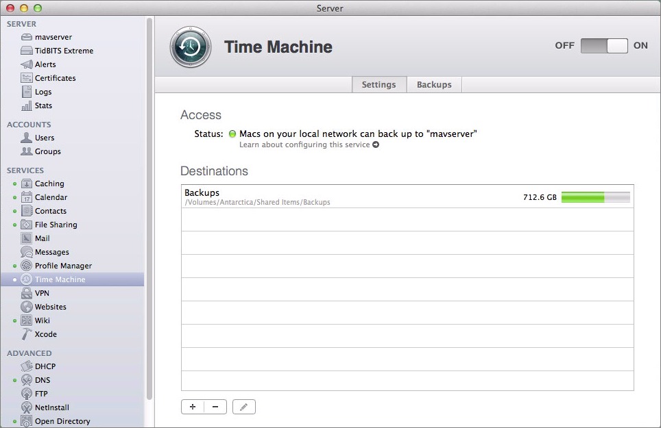 Figure 2: The Settings screen of the Time Machine service lists all your backup destinations.