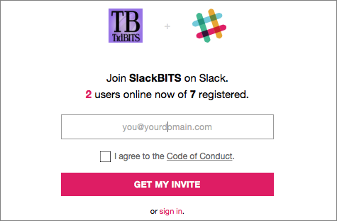 Figure 1: Getting an invitation to most public Slack teams is merely a matter of entering your email address and agreeing to a code of conduct.