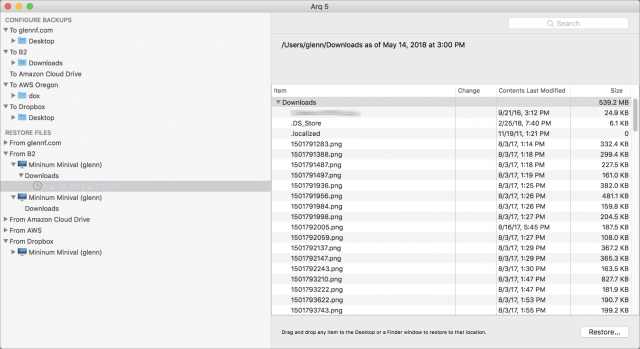 Screenshot of Arq’s interface for restoring files.