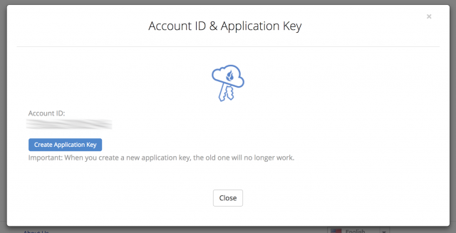 Screenshot of B2’s Account ID & Application Key screen