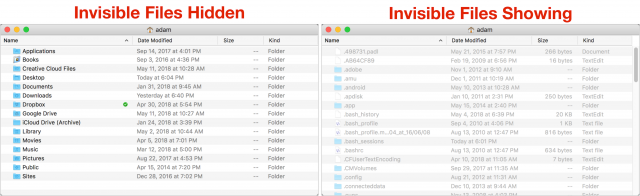 Before and after screenshots of the Finder window with hidden files