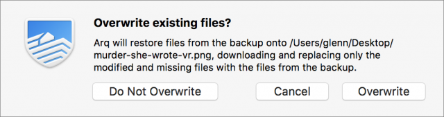 Arq offers options for overwriting files on restore.
