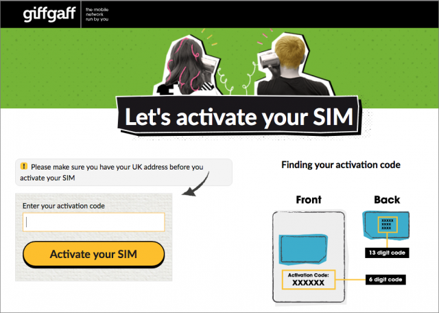 Giffgaff SIM activation page