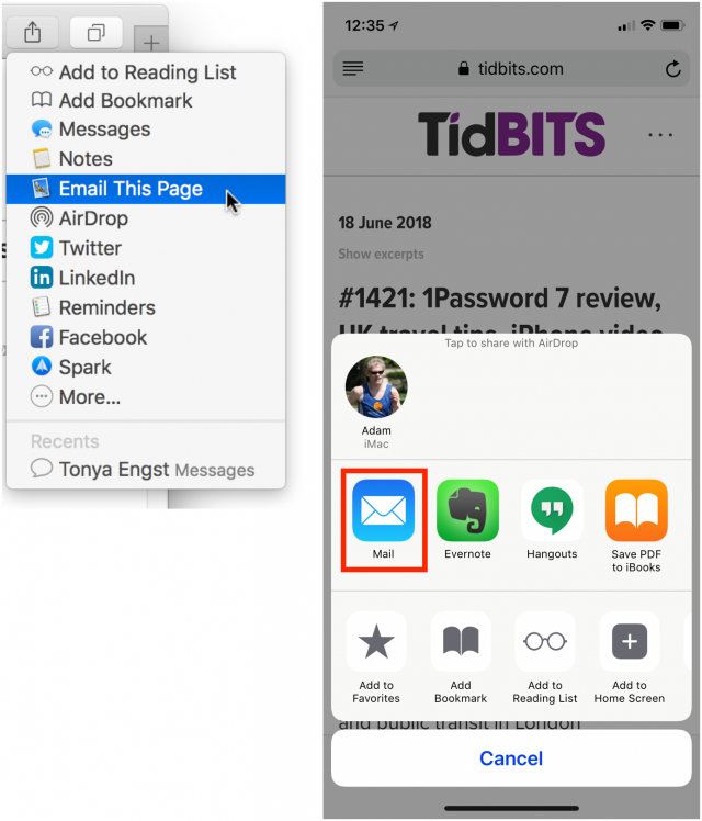Screenshots of the macOS Share menu and iOS Share sheet.