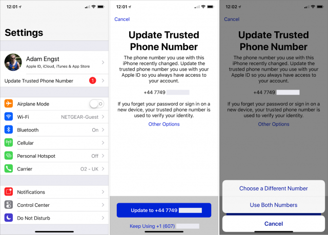 Screenshots showing the request to update the trusted phone number.