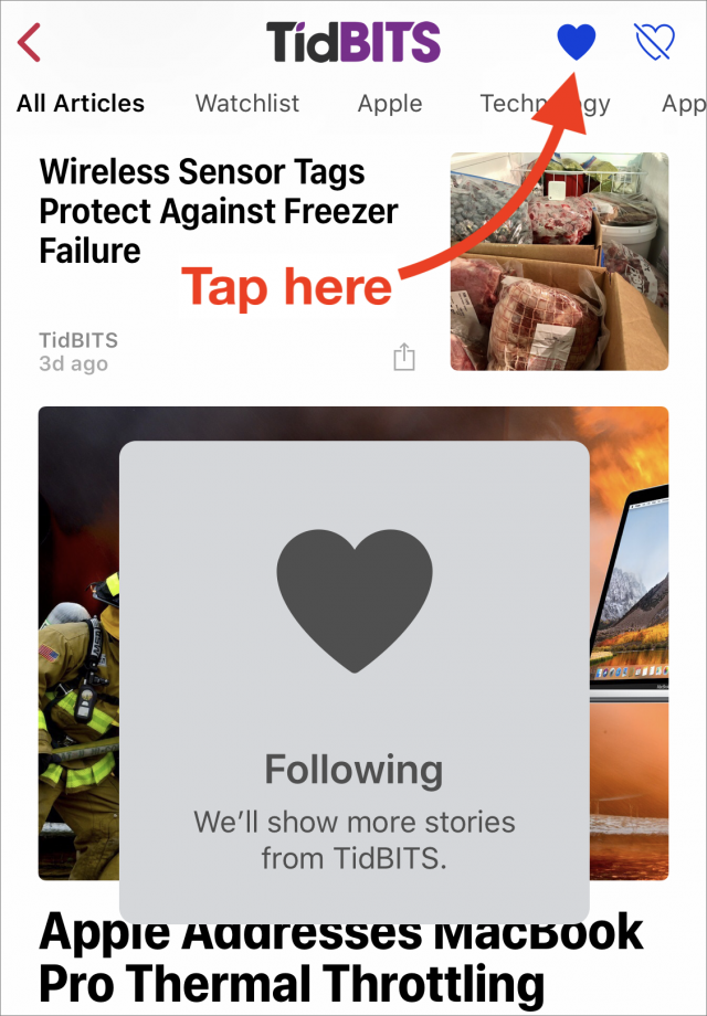 Screenshot showing how to follow TidBITS in Apple News