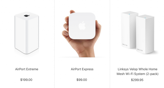 Routers die Apple in de winkel verkoopt: AirPort Extreme, AirPort Express en Linksys Velop.