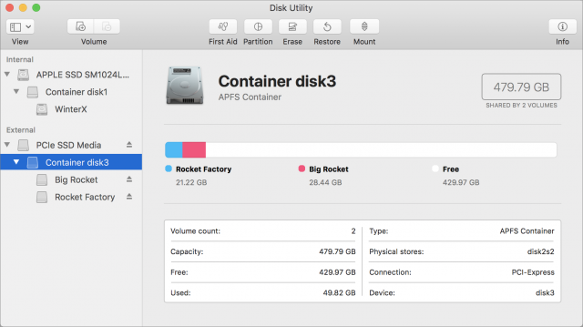 An external SSD in Disk Utility has been split into two volumes.
