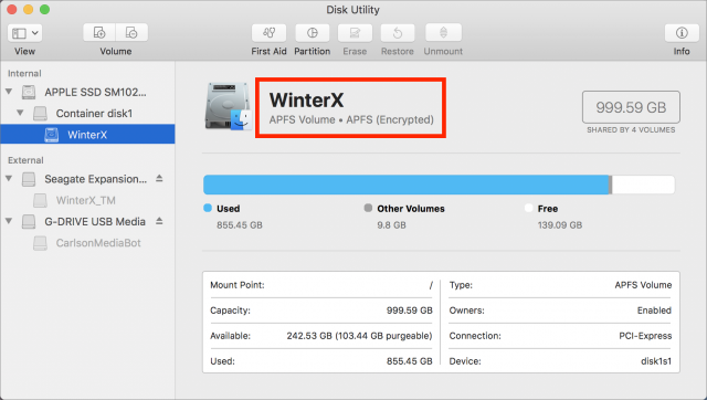 Using Disk Utility to identify the file system of the selected startup disk with a highlight showing that it’s APFS.