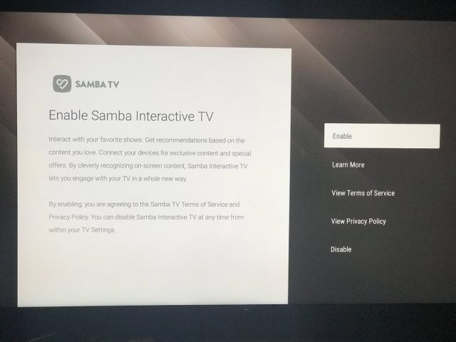 A TV prompting the viewer to enable Samba TV.
