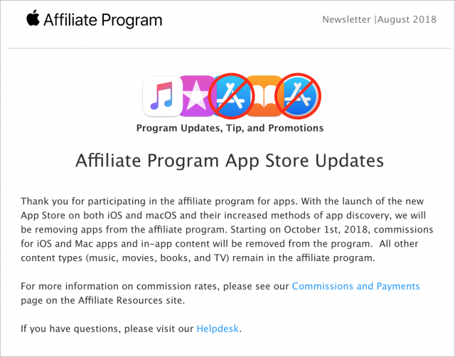 Apple's email terminating app affiliate fees