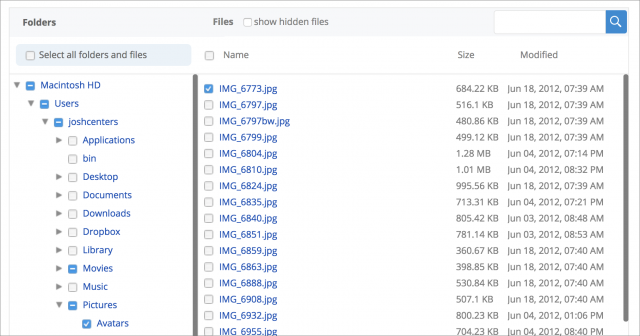 Selecting multiple files in Backblaze.