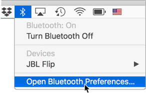 Opening Bluetooth preferences from the menu bar.