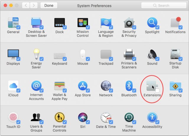 Checking and unchecking System Preferences icons.