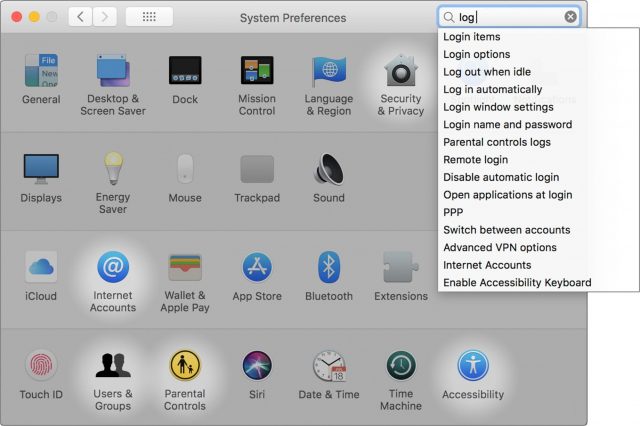 Searching System Preferences.