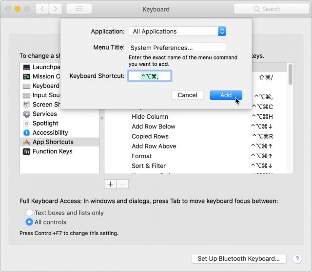Setting a keyboard shortcut for System Preferences.