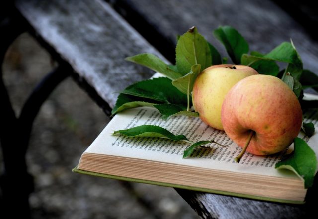 Some apples on a book.