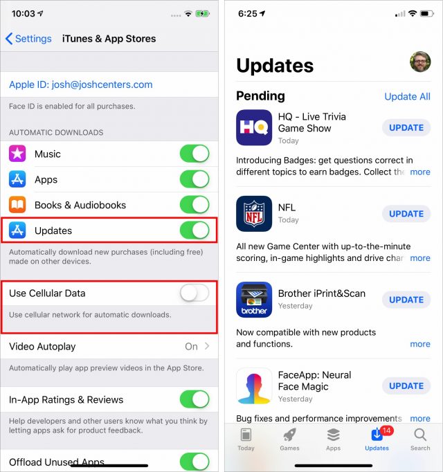 Left: App update settings. Right: The Updates screen of the App Store.