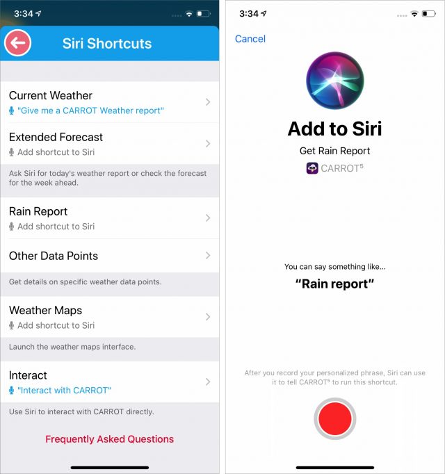 Creating a Siri Shortcut in CARROT Weather.