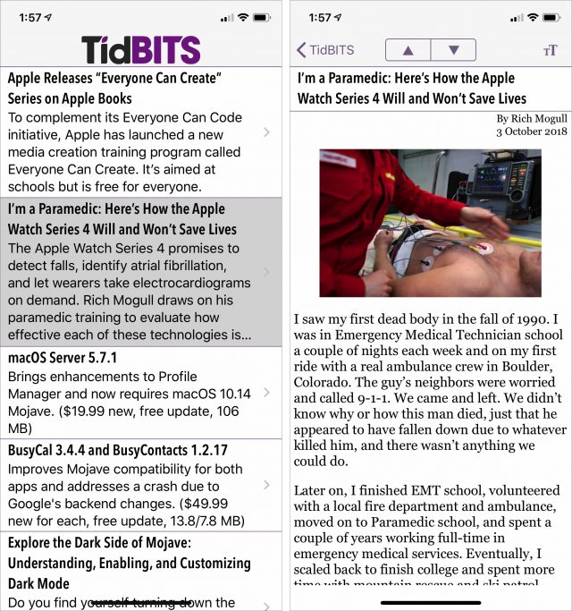 Screenshots of the TidBITS News app