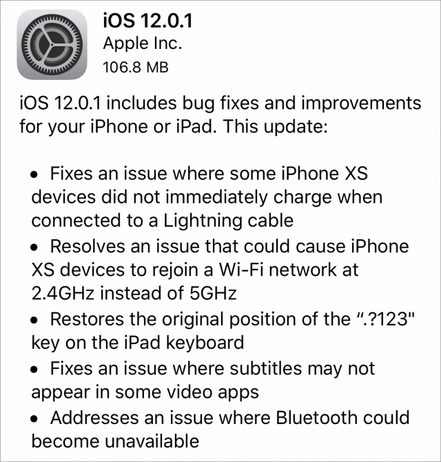 iOS 12.0.1 release notes