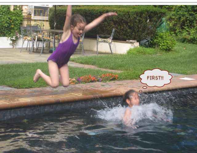 The girls jumping into the pool.