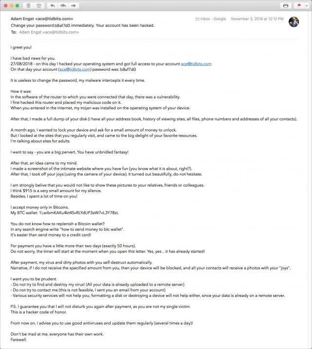 Screenshot of blackmail spam message