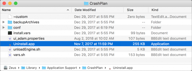 CrashPlan applicatie-ondersteuningsmap met daarin de app Uninstall