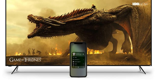 An iPhone AirPlaying "Game of Thrones" to a Vizio TV.