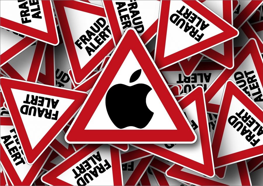 A bunch of fraud alert signs and the Apple logo.