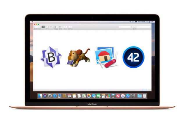 A MacBook displaying icons for BBEdit, Fetch, GraphicConverter, and PCalc.