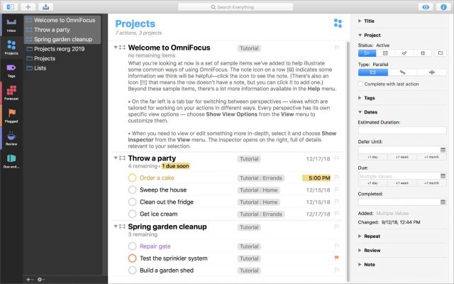 The sample projects included with OmniFocus 3, as viewed in the Mac app.
