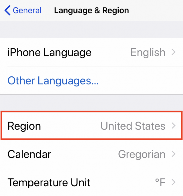 De regio-instelling in iOS.