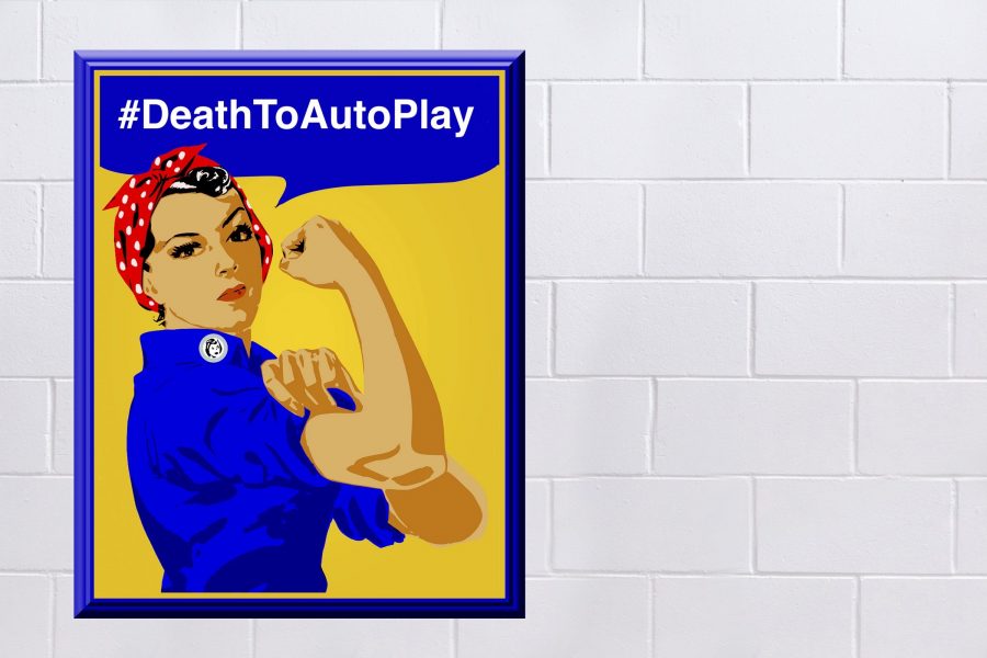 Poster of Rosie the Riveter with #DeathToAutoPlay hashtag