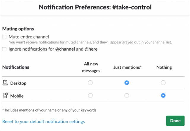 Screenshot of Slack’s per-channel notification settings.