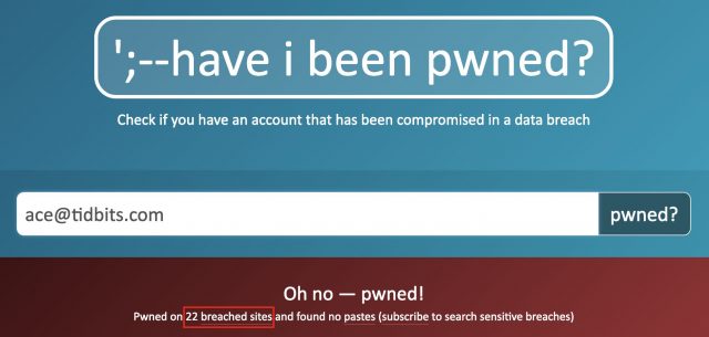 Screenshot of Adam's Have I Been Pwned results