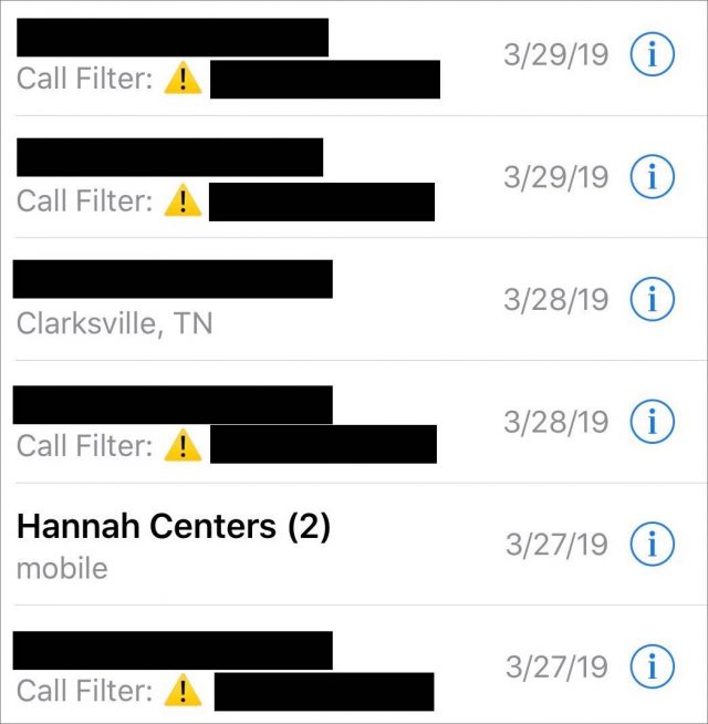 Gesprekken die Verizon Call Filter blokkeerde op de iPhone van Josh