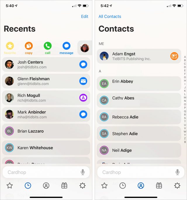 Cardhop's Recents and Contacts screens
