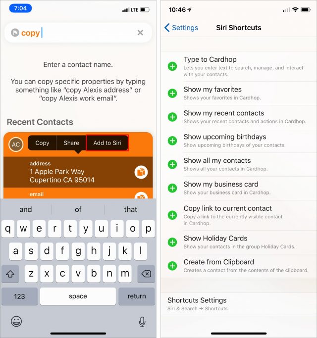 Cardhop supports Siri Shortcuts