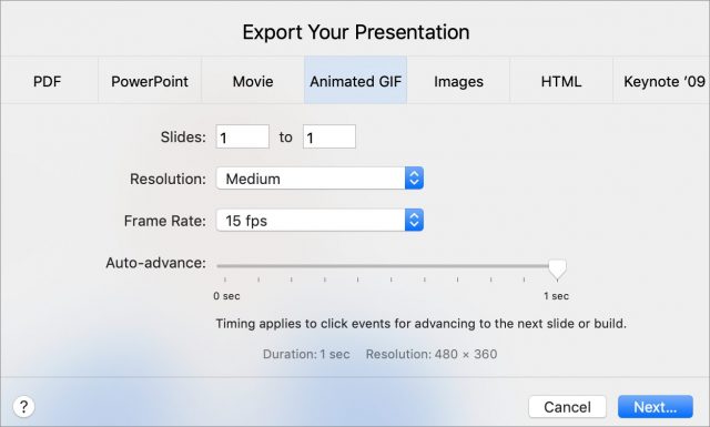 Een bewegende GIF exporteren in Keynote.
