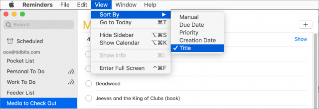Screenshot of Sort By menu in Mac Reminders