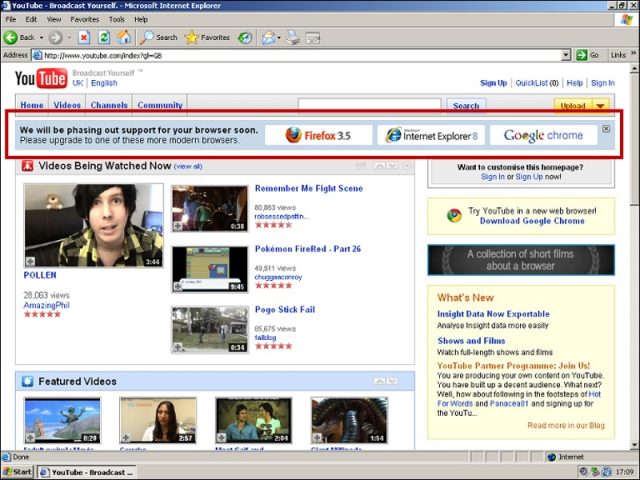 The YouTube IE warning banner from 2009.