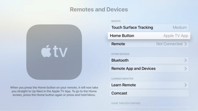 tvOS set to use the Home button for the Apple TV app
