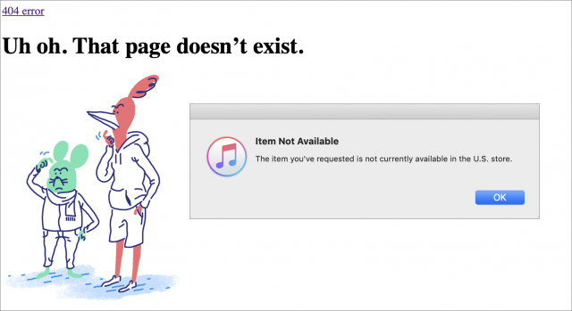Een 404-pagina en een 'Item Not Available App Store'-melding vanwege niet langer ondersteunde hardware.